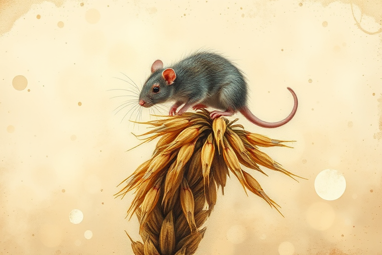Soft, muted Alcohol Ink with ebru effect background image of tiny whimsical rat, who climbed high on the top of a golden rye ear.