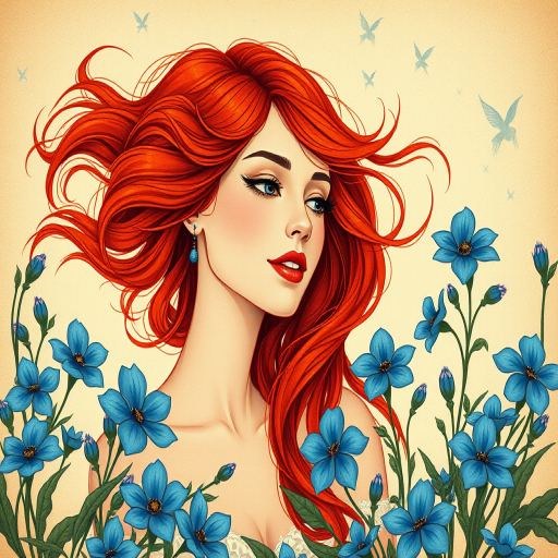 Create a vintage-style illustration of a woman with flowing red hair surrounded by blue flowers, using a DSLR camera with a 50mm lens, f/1.8 aperture, and soft natural lighting to enhance the colors and details.
