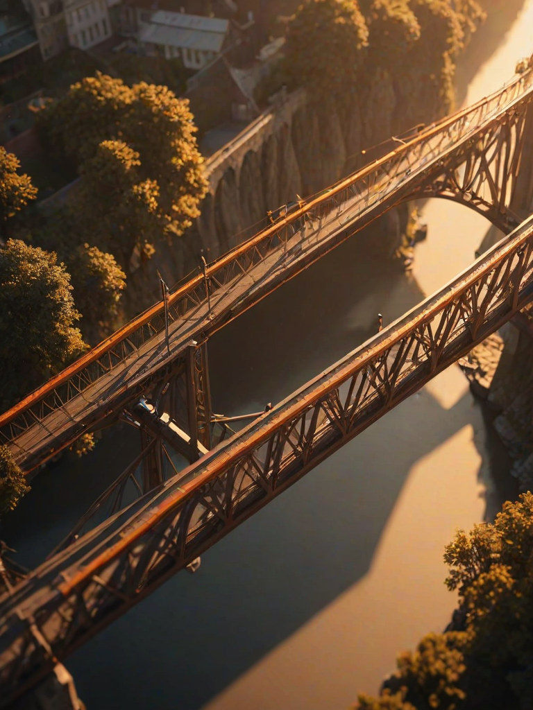 afternoon, sunset, natural lighting, bridge focus, CandiBRIDGE, no humans, from above, negative space, intricately detailed illustration, depth of field, atmospheric perspective, orange theme