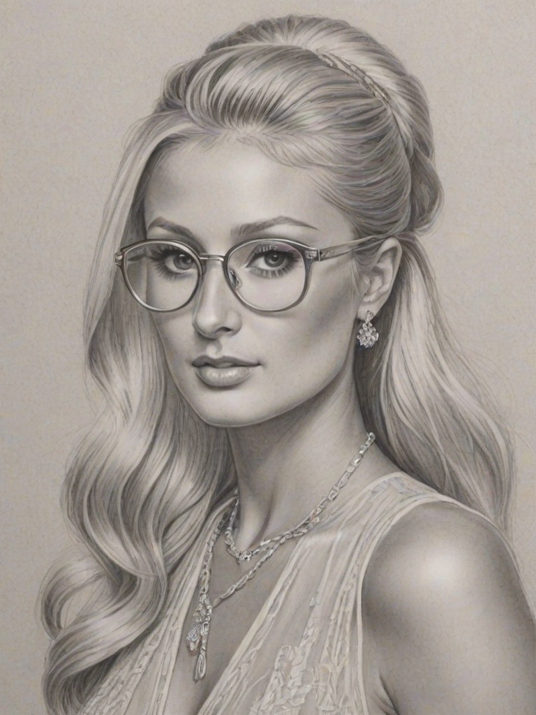 Captivating Paris Hilton, pencil sketch, portrait of Resplendent woman 1929s in glasses, hair style beatnik, outline, clear lines, fine lines, 8k