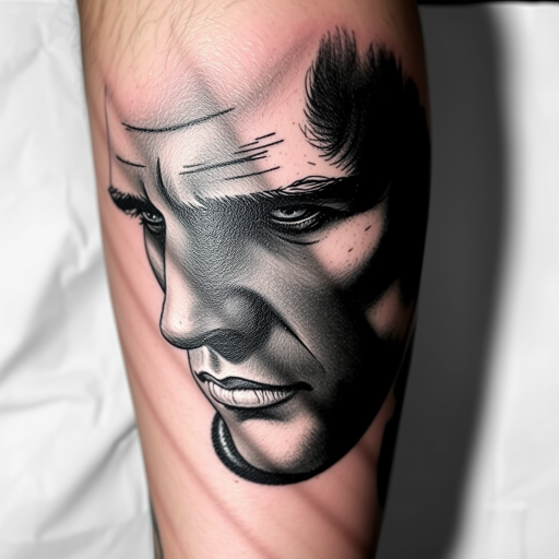 Realistic black and grey tattoo titled "Shadows and Light" showcasing exceptional shading and contrast to create a hyper-detailed portrait with dramatic lighting effects