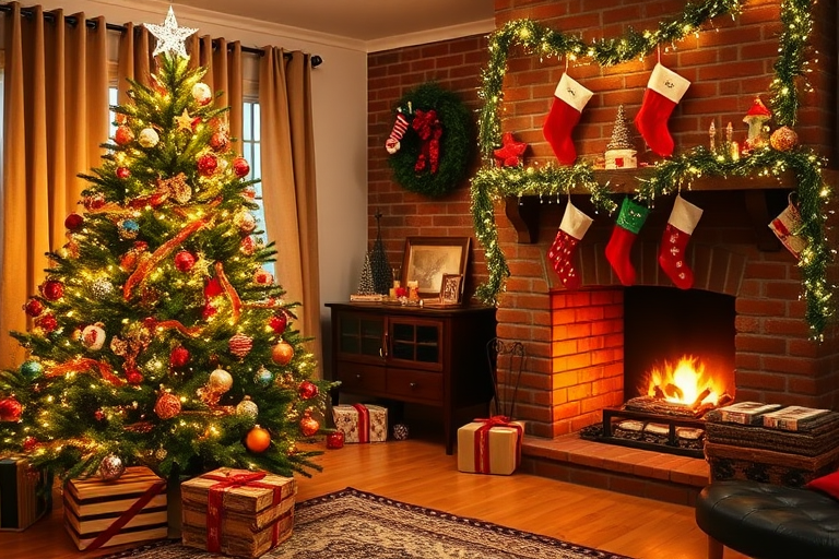 Generate a cozy living room scene during the holiday season. Include a beautifully decorated Christmas tree adorned with lights and ornaments, placed next to a brick fireplace. Above the fireplace, display festive stockings. The room should have warm lighting, creating a welcoming atmosphere. Add a decorative tree skirt under the tree and some holiday decorations in the background.