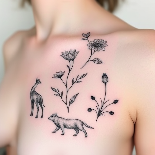 Minimalist fine line tattoo entitled "Whispered Silhouettes" depicting a series of delicate continuous line drawings portraying various natural elements such as flowers leaves and animals intertwining gracefully across the skin with ultra-thin needlework creating an almost invisible appearance from a distance but revealing intricate details up close resembling a pencil sketch brought to life on the canvas of human flesh