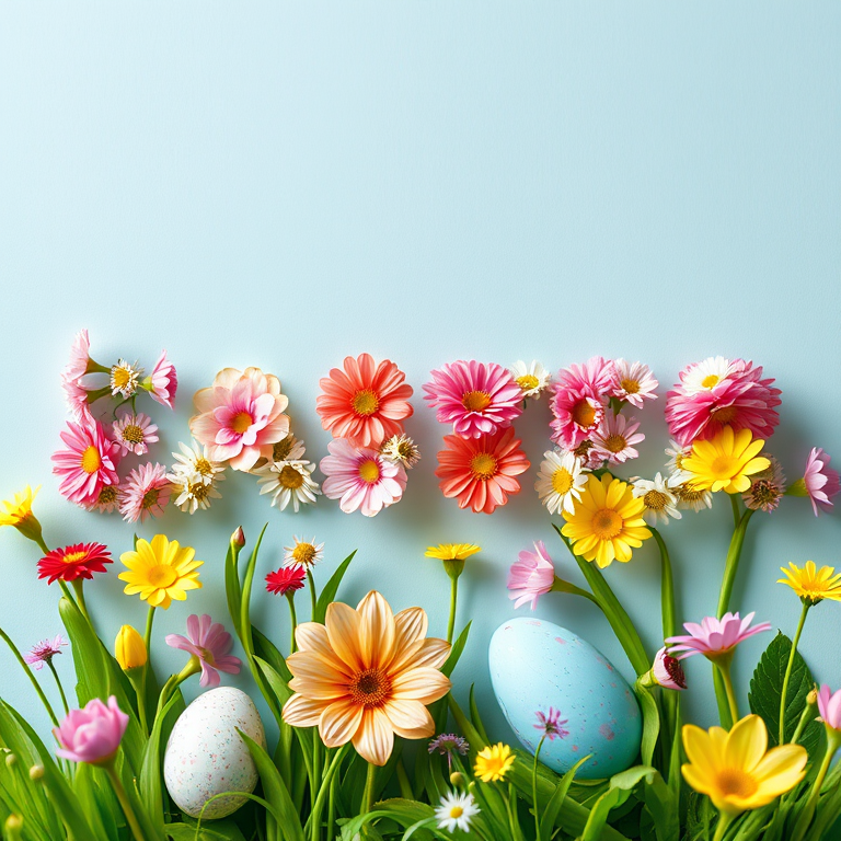 Create an image of the word EASTER decorated with colorful spring flowers in a bright, cheerful style, shot with a DSLR camera at f/2.8 aperture, 50mm lens, and natural lighting for vibrant colors.