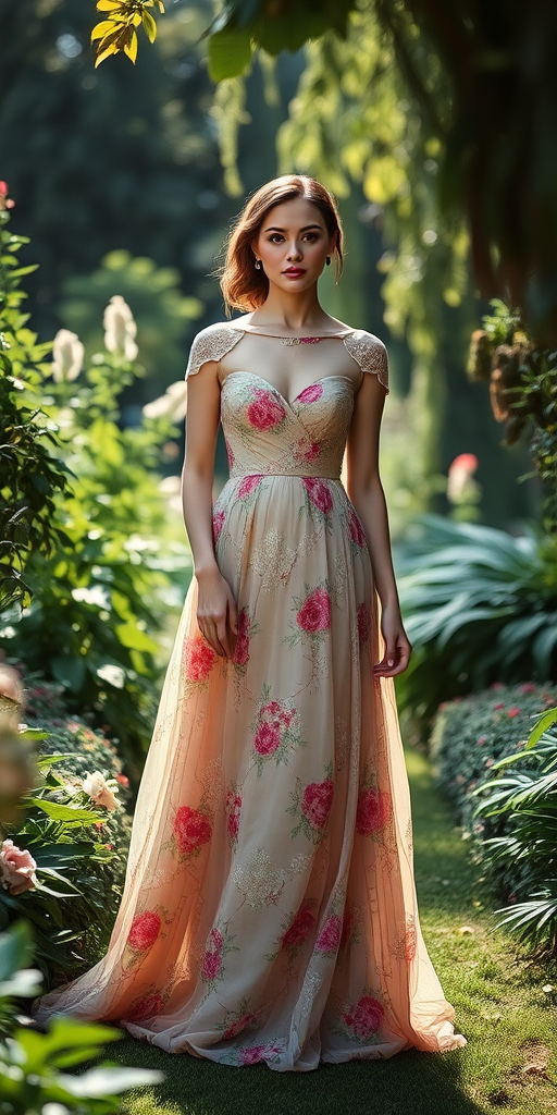 Regenerate an image of a woman in an elegant floral gown standing amid a lush garden, capturing a soft focus with a DSLR camera at f/1.8 aperture, ISO 200, 50mm lens, in natural light for a dreamy effect.