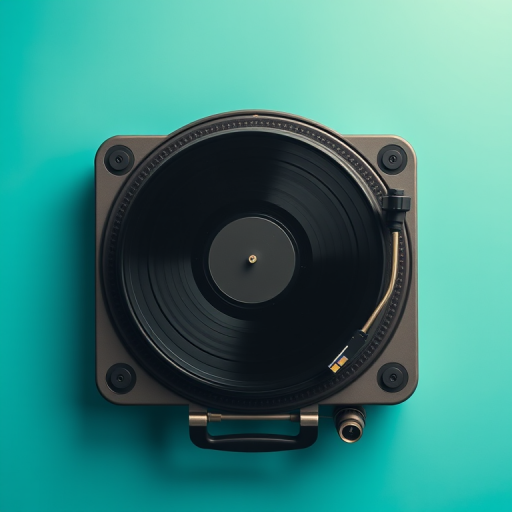 create a top-down view of a vintage record player with a black vinyl record on it, vibrant teal background, natural lighting, high dynamic range imaging, aperture f/2.8, ISO 100, 50mm lens, digital SLR camera