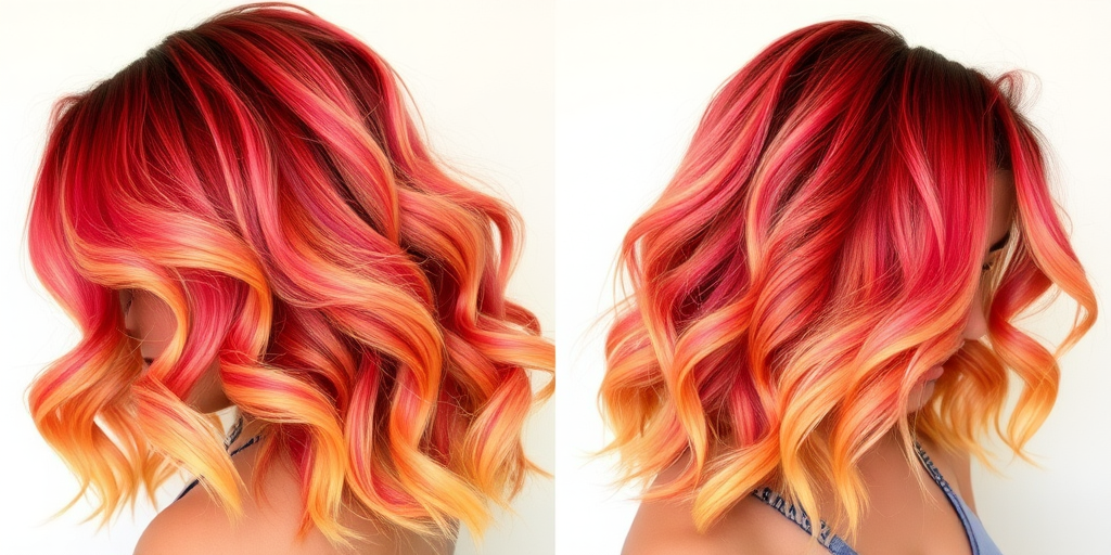 Tropical Sunset Ombre combining warm shades of orange, pink, and yellow in a gradient effect, styled in voluminous beach waves with a deep side part