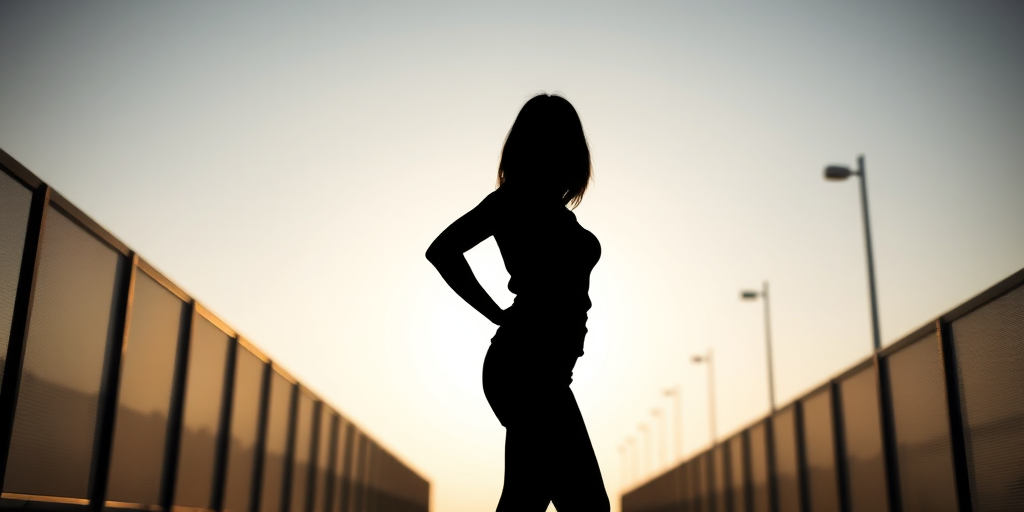 Generate a high-resolution silhouette of a woman standing confidently with one hand on her hip, shot from a low angle using a 50mm lens, aperture set to f/2.8 for a shallow depth of field, in natural light, with a focus on enhancing the contours of the figure, captured with a DSLR camera.