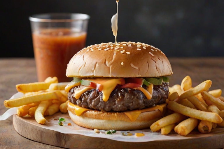 High-resolution, close-up image of a gourmet double cheeseburger. The burger features a glossy, sesame-seed-topped brioche bun. Inside, there are two thick, juicy beef patties, each topped with melted cheddar cheese. The burger is garnished with fresh lettuce, tomato slices, diced onions, and pickles. A generous amount of ketchup and a creamy, orange-colored sauce is dripping down the sides, adding to the mouth-watering appeal. In the background, there are blurred elements including a side of golden French fries and a hint of a beverage, enhancing the overall presentation of a delicious meal.