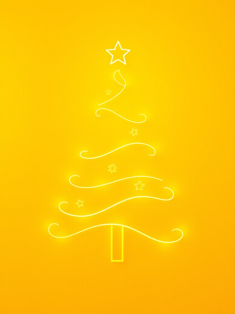 Create a glowing Christmas tree design with a wavy golden outline and yellow stars on a bright yellow background, captured with a DSLR camera at f/2.8, ISO 100, 50mm lens, shot from a slightly elevated angle with a soft focus style for enhanced clarity and vibrancy.