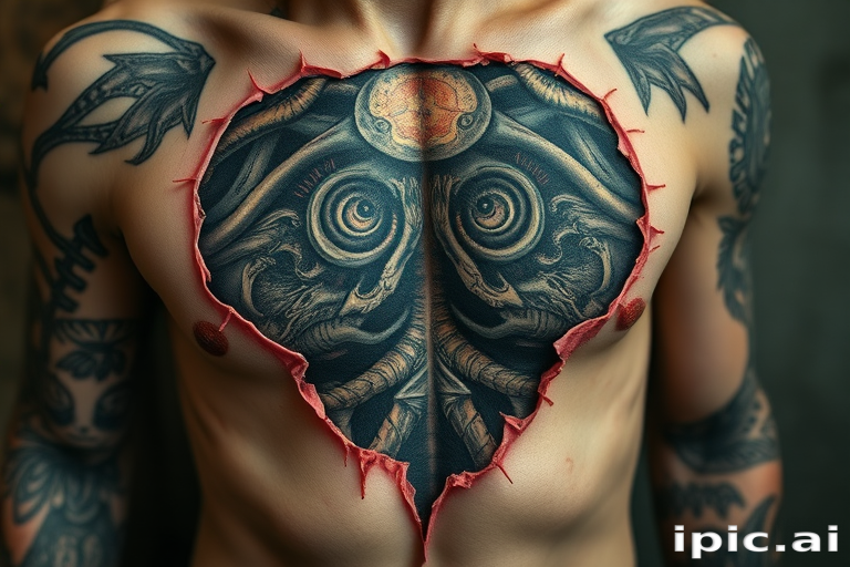 Horror-themed biomechanical tattoo revealing grotesque alien anatomy beneath torn flesh, incorporating elements of H.R. Giger's artwork for a disturbing and fascinating effect