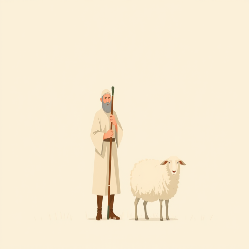 Create a minimalist illustration of a shepherd with a staff standing next to a sheep, using soft pastel colors and a plain background, captured with a Canon EOS R5 at f/5.6, ISO 100, 50mm focal length, with a wide-angle view and soft focus effect.
