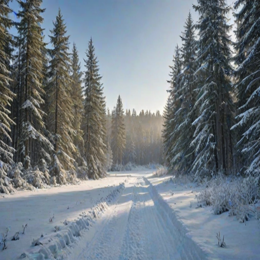 a serene winter landscape featuring a snow-covered path leading through a misty field with a dense forest of evergreen trees in the background under a clear blue sky