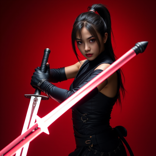 female warrior in a sleek black outfit wielding a glowing sword, dramatic red background, soft lighting, high resolution, 50mm lens, f/2.8 aperture, ISO 100, studio portrait style, DSLR camera