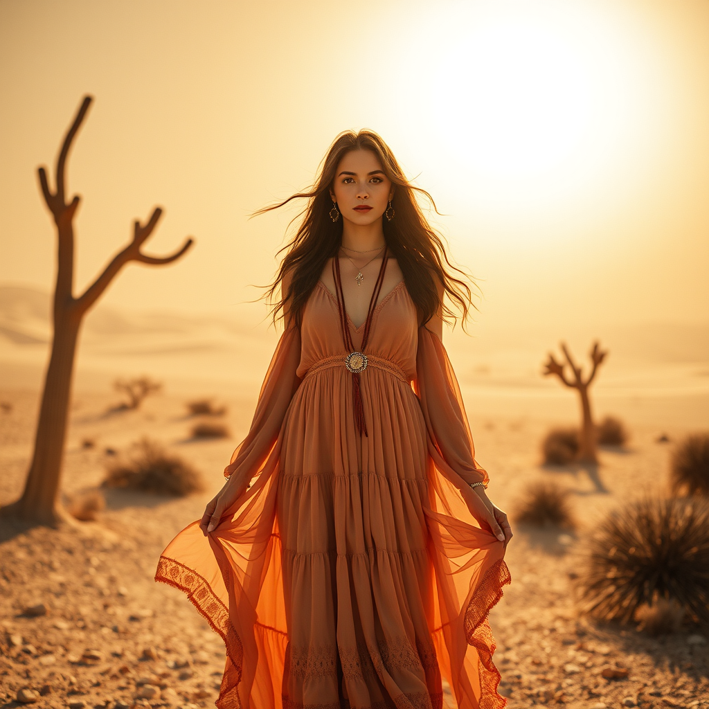 Desert setting, bohemian model, flowy dresses, earthy tones, rustic sunset effect,  equipped with a 12mm lens to capture an overhead view of the model, emphasizing symmetry and spatial positioning
