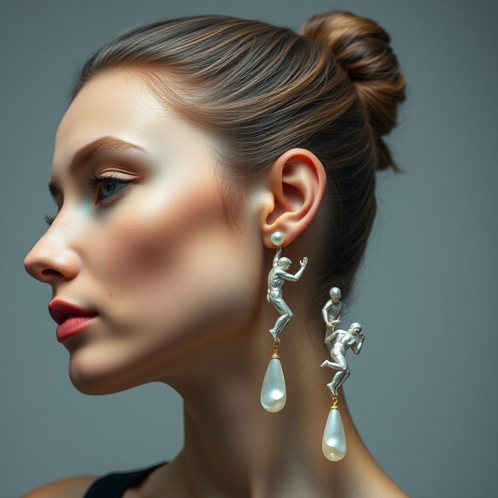 beautiful young lady with hair done up, and an exquisite pair of earings, made from mother of pearl, shimmering, and composed of different men in poses as he climbs up the long earing