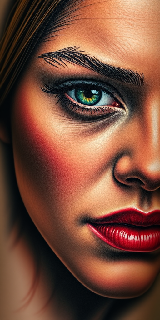 Photorealistic color portrait tattoo called "Timeless Gaze" showcasing a stunningly lifelike rendition of a person's face, capturing every nuance of expression and skin texture with incredible detail and depth