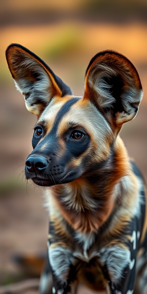 photograph of an African wild dog with distinctive markings, shallow depth of field, soft bokeh background, taken with a Canon EOS R5, 85mm f/1.2 lens, aperture f/1.2, ISO 100, shutter speed 1/200s, natural lighting
