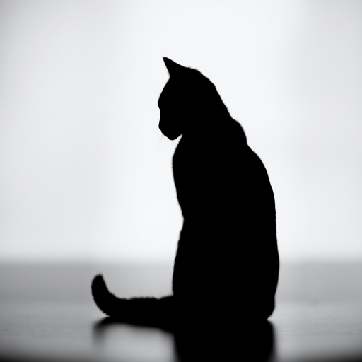 Create a high-contrast black silhouette of a cat sitting gracefully, with smooth lines and a minimalist style, captured using a DSLR camera at f/4 aperture, 50mm lens, ISO 100, in soft diffused natural light for enhanced detail and clarity.