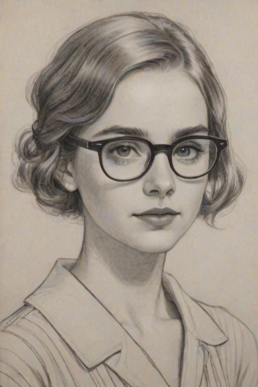 Fascinating McKenna Grace, pencil sketch, portrait of Comely woman 1925s in glasses, hair style beatnik, outline, clear lines, fine lines, 8k
