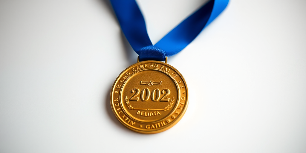 Regenerate the image of a gold medal with a blue ribbon, using a Canon EOS R5 with a 50mm lens, aperture f/2.8, ISO 100, 1/200s exposure time, using soft lighting and a shallow depth of field for enhanced clarity and detail.