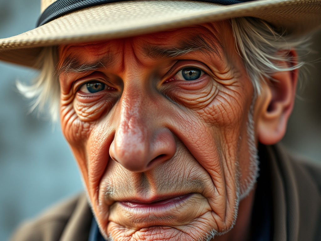 A close-up portrait of an elderly man wearing a hat, showcasing intricate details of his face and skin texture, captured with a DSLR camera, 85mm lens, f/1.8 aperture, ISO 100, natural lighting for enhanced depth and clarity.