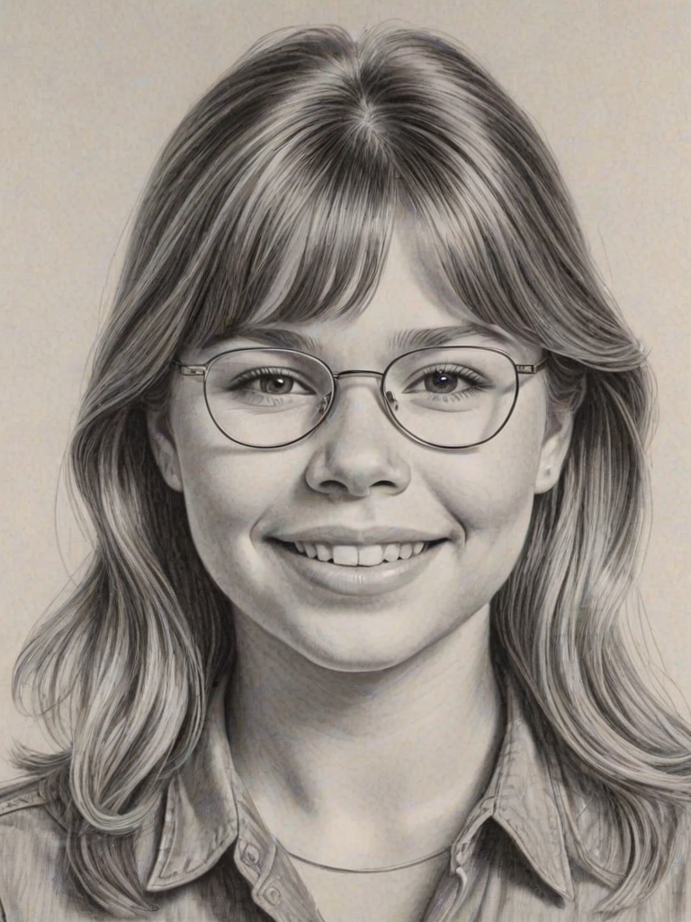 Fascinating Bindi Irwin, pencil sketch, portrait of Sublime woman 1965s in glasses, hair style beatnik, outline, clear lines, fine lines, 8k