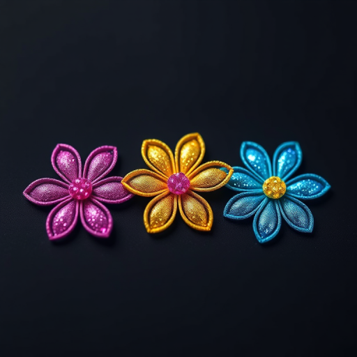 Create a vibrant and colorful illustration of three glitter flower designs arranged in a row on a black background, using a macro camera setting with a wide aperture of f/2.8, 100mm lens, natural lighting, and a shallow depth of field for striking detail and vibrant colors.