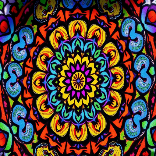 Create a vibrant mandala design featuring intricate floral patterns and abstract shapes with a wide range of colors including purple, blue, yellow, green, and red, captured with a Canon EOS R5 camera, 50mm lens, f/1.8 aperture, ISO 100, in bright daylight, with a macro perspective for enhanced detail and sharpness.