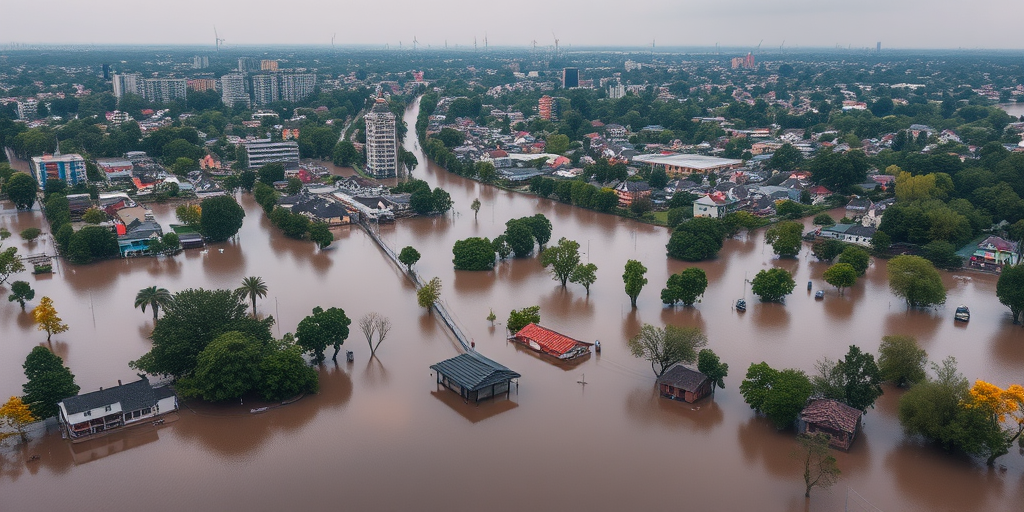 aerial view of a flooded cityscape with submerged buildings and trees, high dynamic range, f/8 aperture, ISO 400, 1/200s shutter speed, drone photography, wide angle lens, natural lighting, vibrant colors