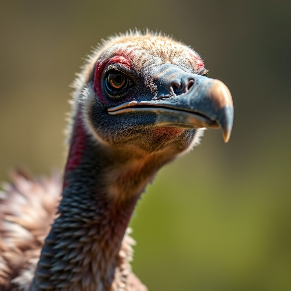 Capture a close-up of a vulture's head with a shallow depth of field, using a 85mm lens at f/1.8, ISO 200, and 1/200 sec shutter speed, in natural light with a soft bokeh background for enhanced detail and color contrast.
