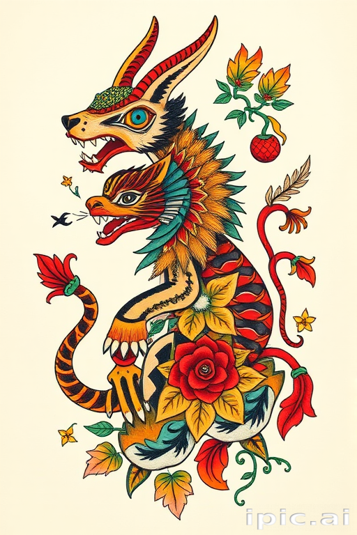 Neo-traditional tattoo named "Mythical Menagerie" featuring stylized animals and fantastical creatures with bold lines, vibrant colors, and decorative elements inspired by folk art