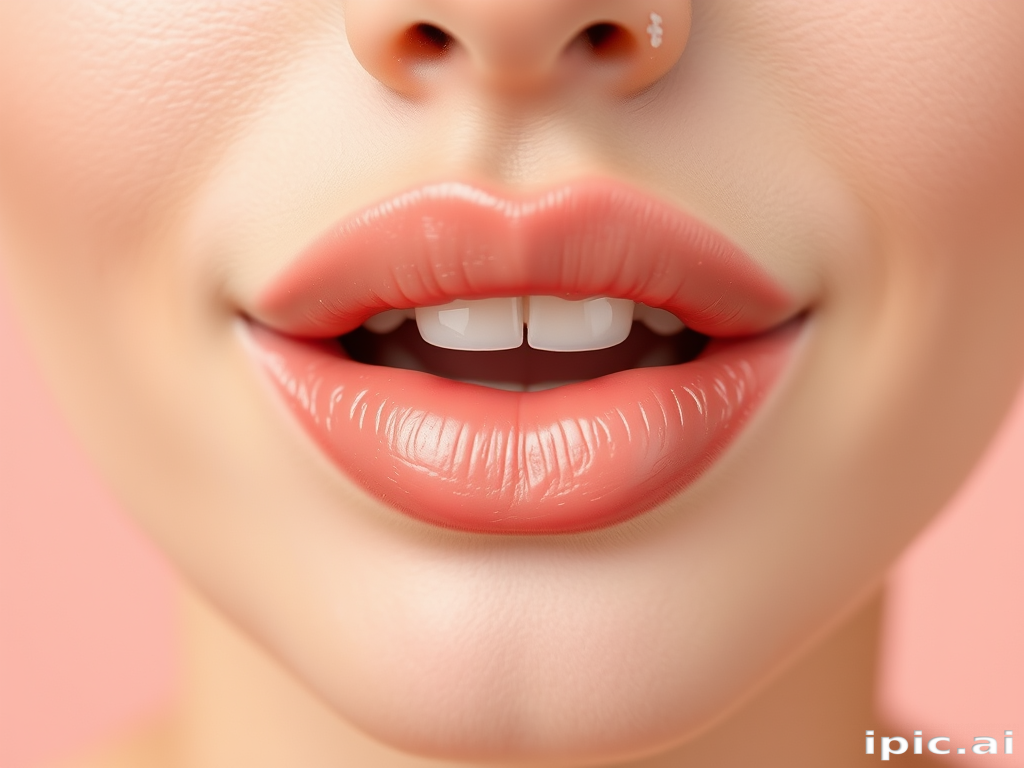 Soft peach lip tint enhances natural lip color, creating a fresh, dewy look that emphasizes the lips' youthful plumpness and subtle pink undertones