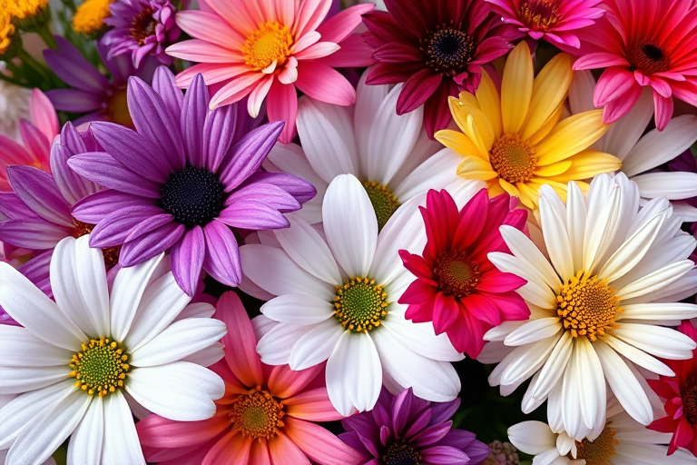 regenerate a detailed illustration of various flowers including purple, white, yellow, and red blooms arranged aesthetically, macro shot, aperture f/2.8, ISO 100, DSLR camera, natural light, vibrant colors