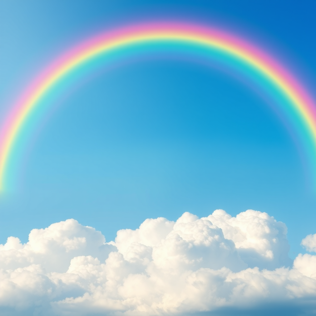Create a vibrant rainbow arching across a clear blue sky with fluffy white clouds at the bottom, using a DSLR camera with a 50mm lens, aperture set to f/2.8, ISO 100, and a soft focus effect for depth.