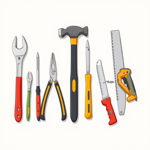 Create a high-resolution illustration of various hand tools including a wrench, pliers, hammer, screwdriver, drill, putty knife, and saw arranged neatly on a plain background, using a DSLR camera with a 50mm lens at f/8 aperture, ISO 100, and 1/125 shutter speed for enhanced detail and clarity.