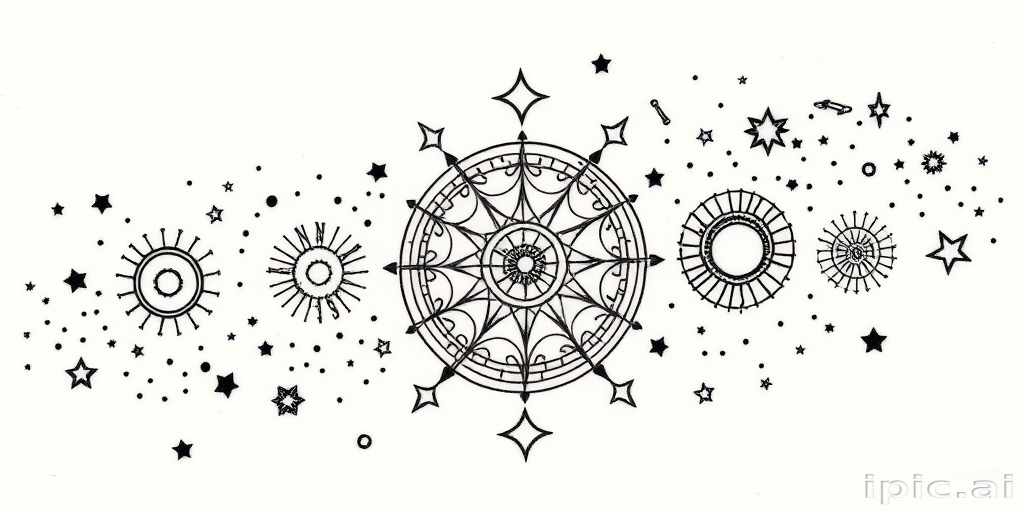 Dotwork tattoo design named "Celestial Constellations" portraying intricate star patterns and zodiac symbols created entirely with tiny dots, forming a mesmerizing galaxy-inspired piece