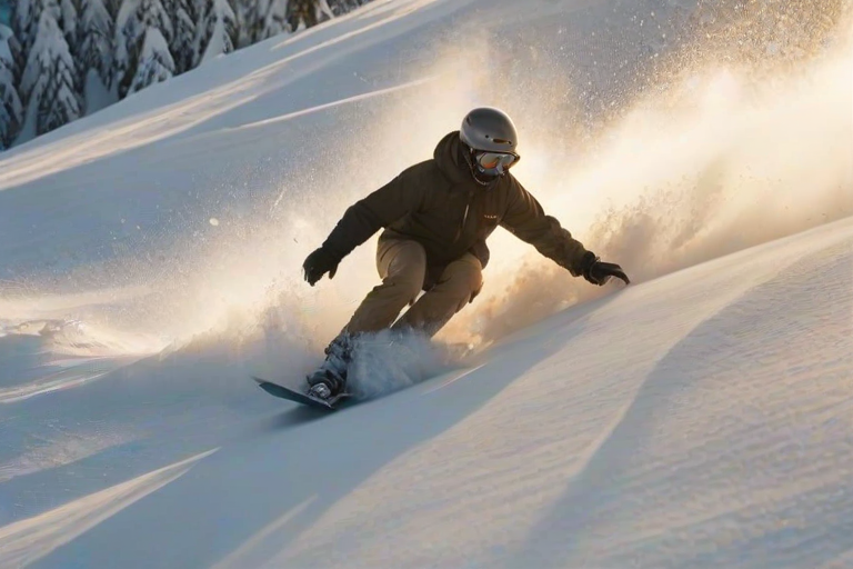 Blurry action shot of a snowboarder carving down a snowy mountain at dawn, soft golden light from the rising sun casting long shadows on the untouched snow.