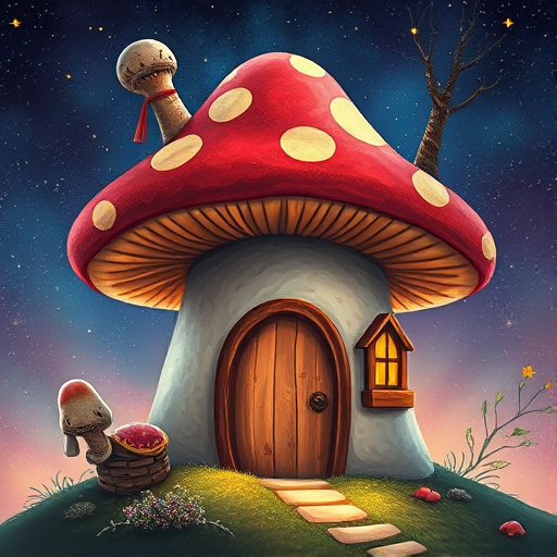 imagine illustration of a mushroom house with a door and a window, a storybook , fantasy art, mushroom house, bg starry sky, sparkles