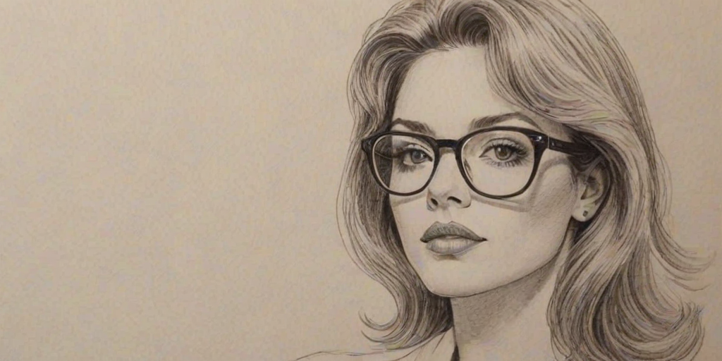 Elegant Debbie Ryan, pencil sketch, portrait of Gorgeous woman 1977s in glasses, hair style beatnik, outline, clear lines, fine lines, 8k