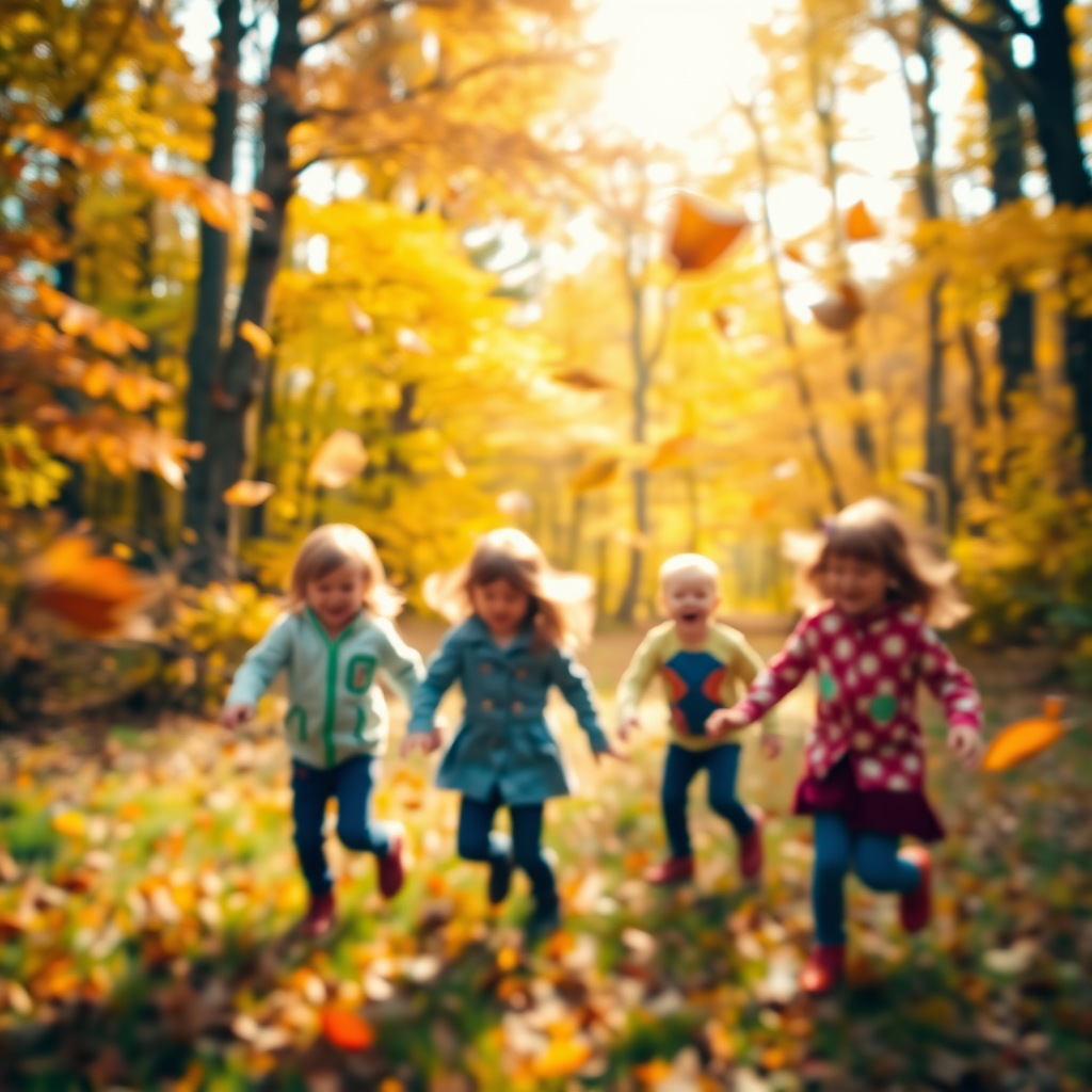 Blurry, candid photo of children playing in a colorful autumn forest, soft light filtering through the trees, with leaves flying in all directions and distant laughter echoing in the background.