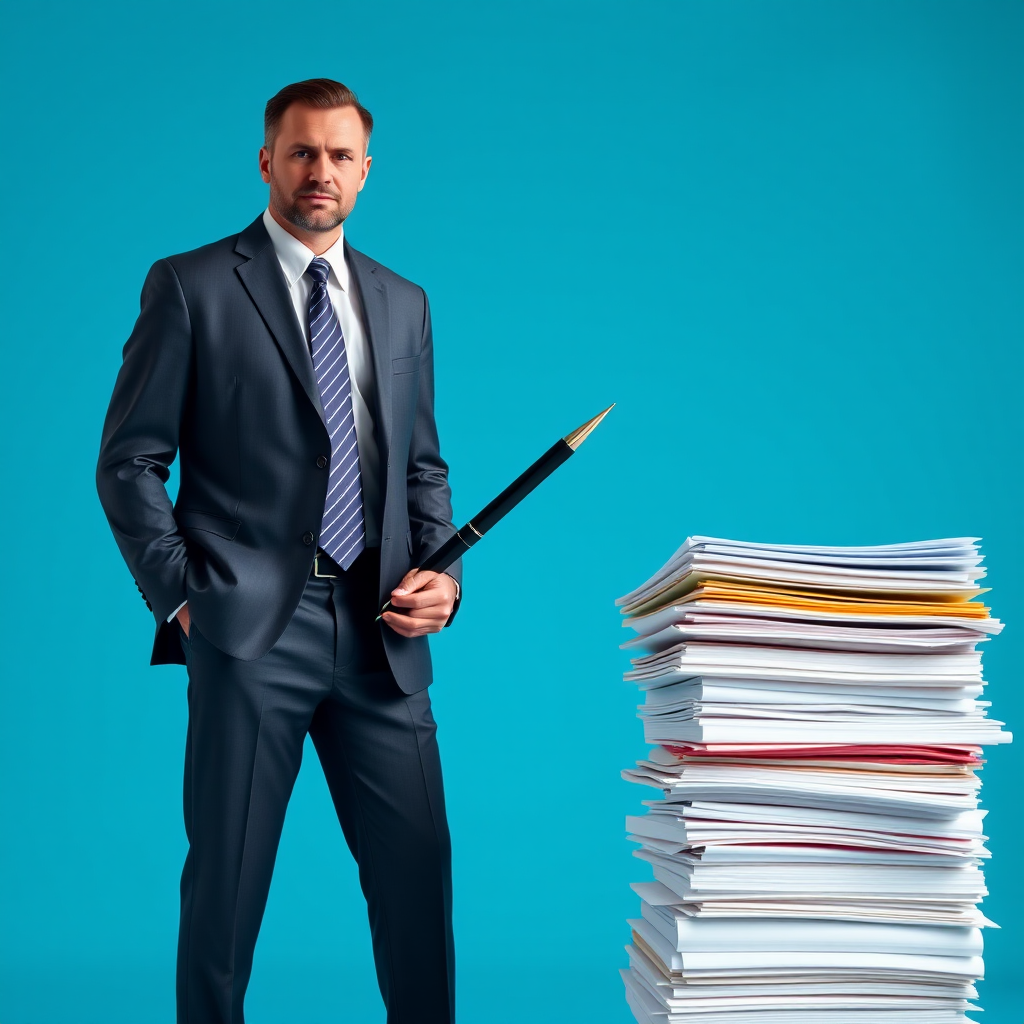 A businessman in a suit standing with a large pen next to a stack of papers, bright blue background, shot with a Canon EOS R5, 50mm lens, f/1.8, ISO 100, natural lighting, soft focus for a professional look.