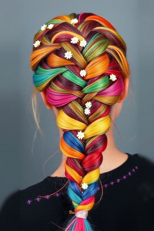 Bohemian Rainbow Braid showcasing an intricate, multi-colored Dutch braid incorporating all the colors of the rainbow, adorned with small flowers and delicate beads