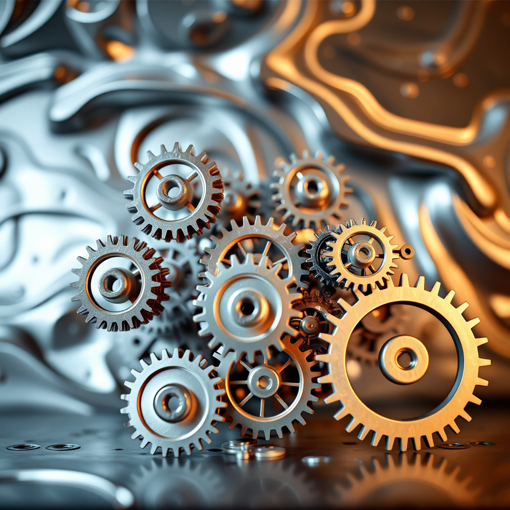 Generate an abstract mechanical scene featuring intricate gears in a dynamic arrangement, set against a fluid metallic backdrop, photographed with a DSLR camera at f/8 aperture, ISO 100, 1/200 second shutter speed, using a wide-angle lens to capture depth and detail.