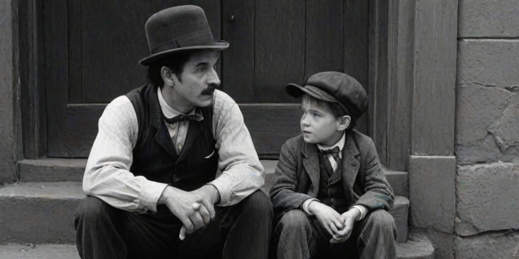 A black-and-white photograph of a man and a child sitting on steps in front of a doorway. The man is dressed as a tramp with a bowler hat, mustache, and ragged clothes, reminiscent of Charlie Chaplin's iconic look. He is sitting with his arms crossed and an expression of slight sadness or frustration. Next to him is a young boy, also in worn clothes and a cap, sitting with his hands clasped, looking thoughtful. The background is an old, textured wall and a partially open door, creating a vintage, early 20th-century atmosphere.
