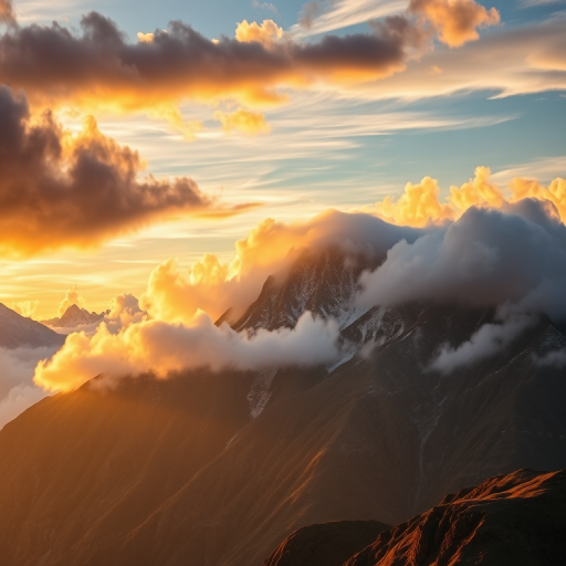Create a high-resolution image of a majestic mountain range shrouded in dramatic clouds during golden hour, using a full-frame DSLR camera with a 35mm lens, aperture set to f/8, ISO 100, and a shutter speed of 1/125 seconds, capturing a dynamic composition with vibrant colors and enhanced clarity.
