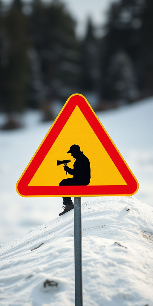 Create a high-resolution image of a caution sign featuring a silhouette of a person sitting with a camera, wearing a hat, on a slope with a shovel, in a triangular red and yellow design, photography style, taken with a DSLR camera, aperture f/8, ISO 100, 50mm lens, soft natural lighting, centered view.