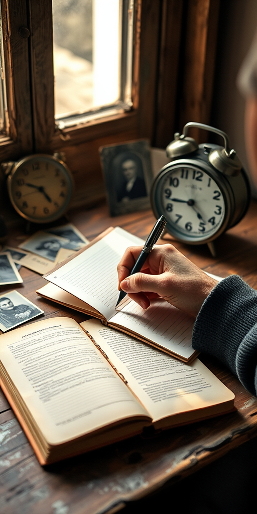 Capture a close-up shot of a person writing in a vintage notebook on a rustic wooden table adorned with old photographs and a classic alarm clock, using a Canon EOS R5 with a 50mm f/1.2 lens, aperture set to f/1.8, ISO 200, and a warm, soft natural light from a nearby window to enhance the cozy atmosphere.