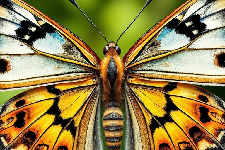 Create a detailed illustration of a butterfly, focus on intricate wing patterns and textures, use a macro lens with a 100mm focal length, aperture set to f/2.8, ISO 100, shot in natural light from a top-down angle to emphasize the symmetry and vibrant colors of the wings.