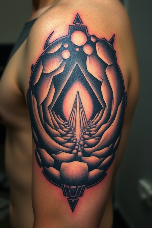 Surrealist optical illusion tattoo creating the appearance of a three-dimensional portal on the skin, with hyper-realistic depth and shading techniques for a mind-bending visual experience